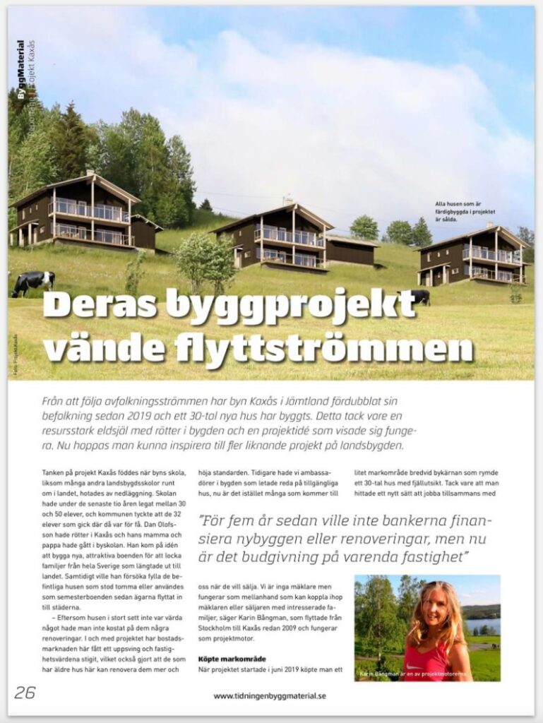 Tidningen ByggMaterial, nr 6 2022, med reportage om Projekt Kaxås, sid 26.