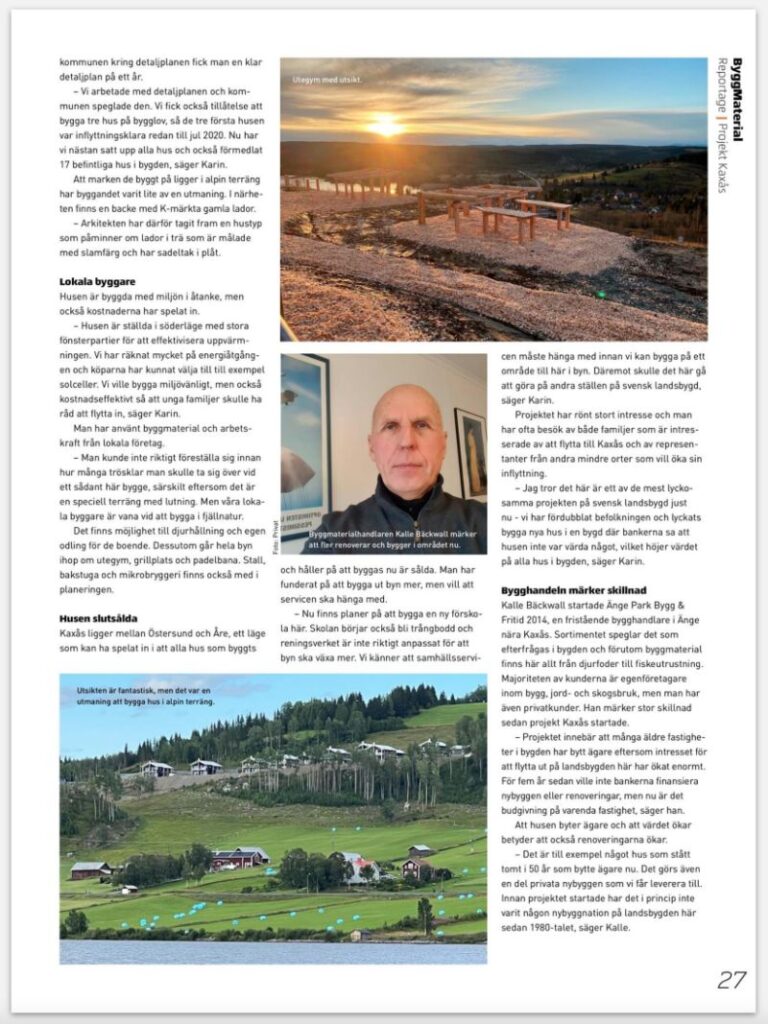 Tidningen ByggMaterial, nr 6 2022, med reportage om Projekt Kaxås, sid 27.